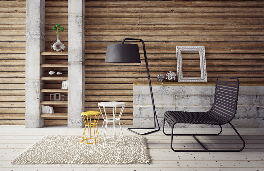 トップ画面、木の壁と、白いレンガがポイントの部屋